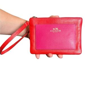 Coach Red Pebbled Leather Colorblock Wristlet Zip Pouch Pink Panel